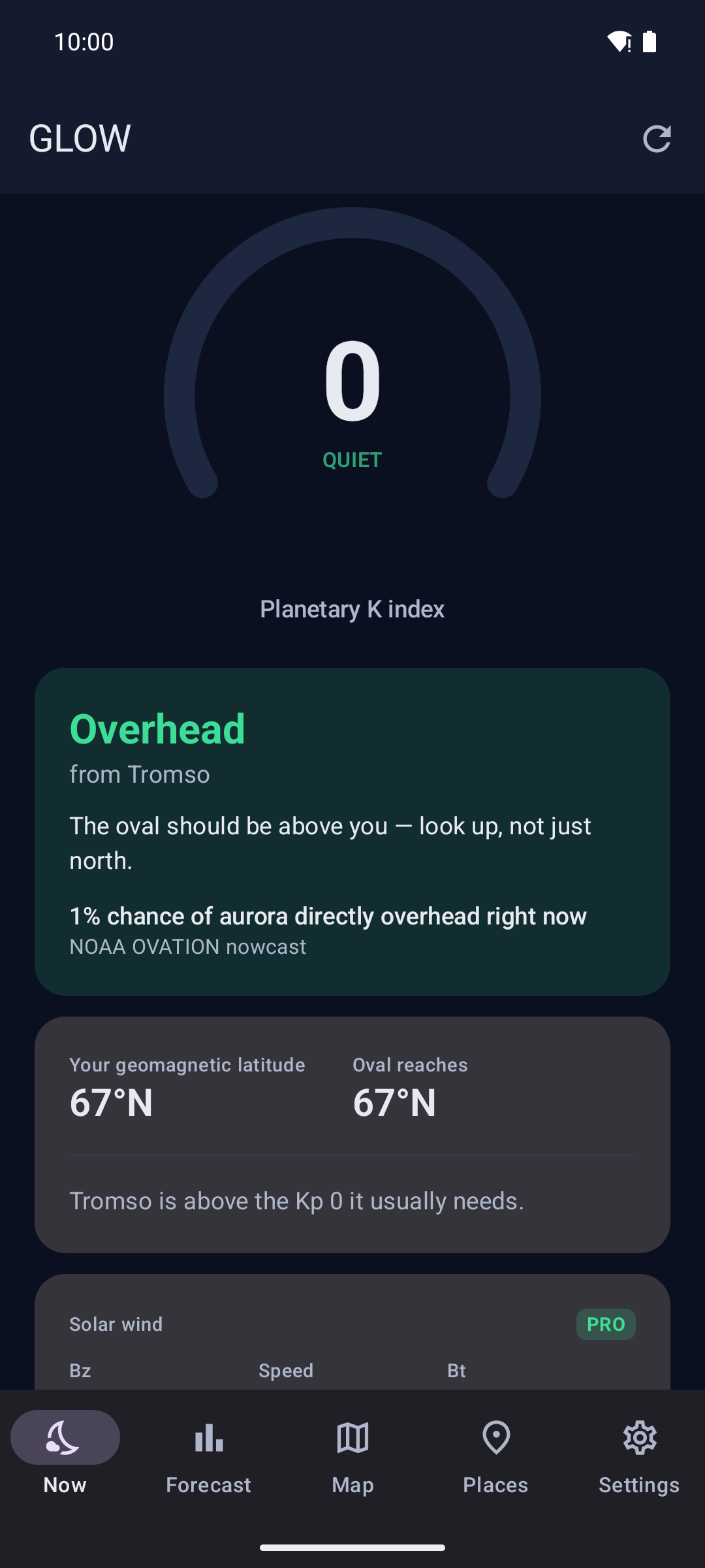 The Now screen: current Kp and a plain verdict for your location