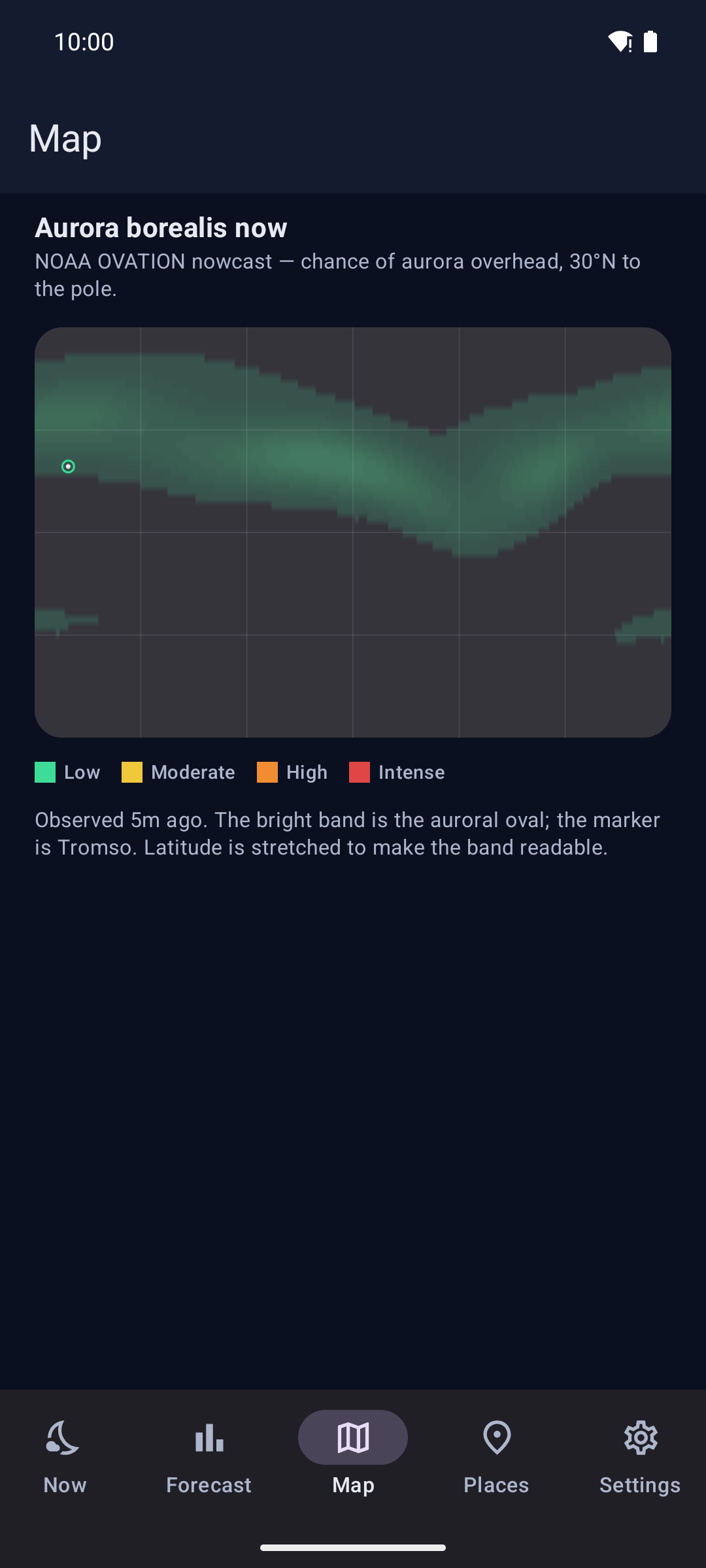 The auroral oval as NOAA sees it, with your location marked