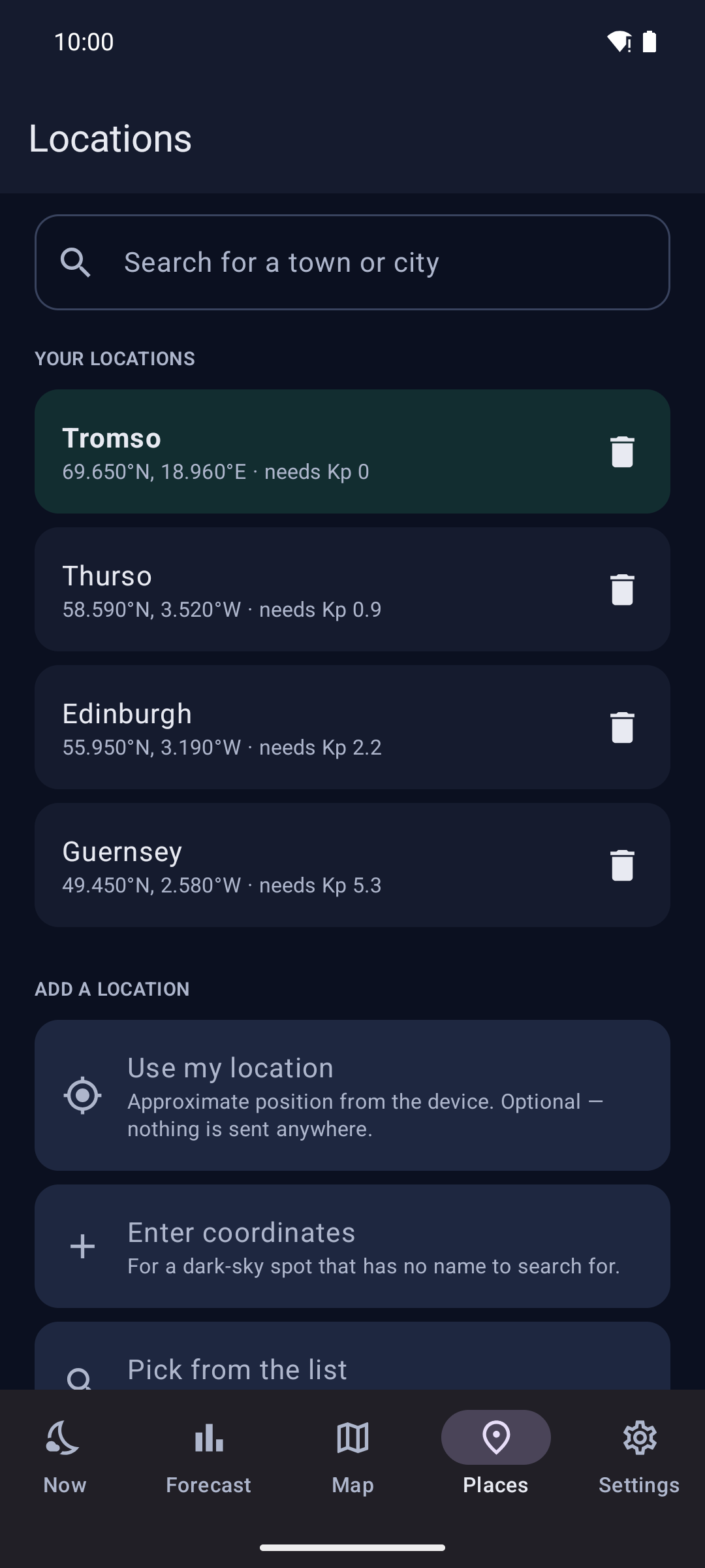 Saved locations, each showing the Kp it actually needs